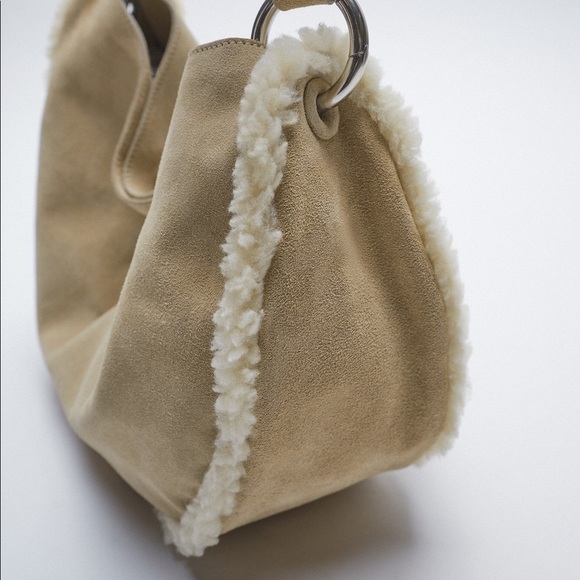 NWT. Zara Cream/Beige Faux Shearling Split suede Shoulder Bag. main image 9